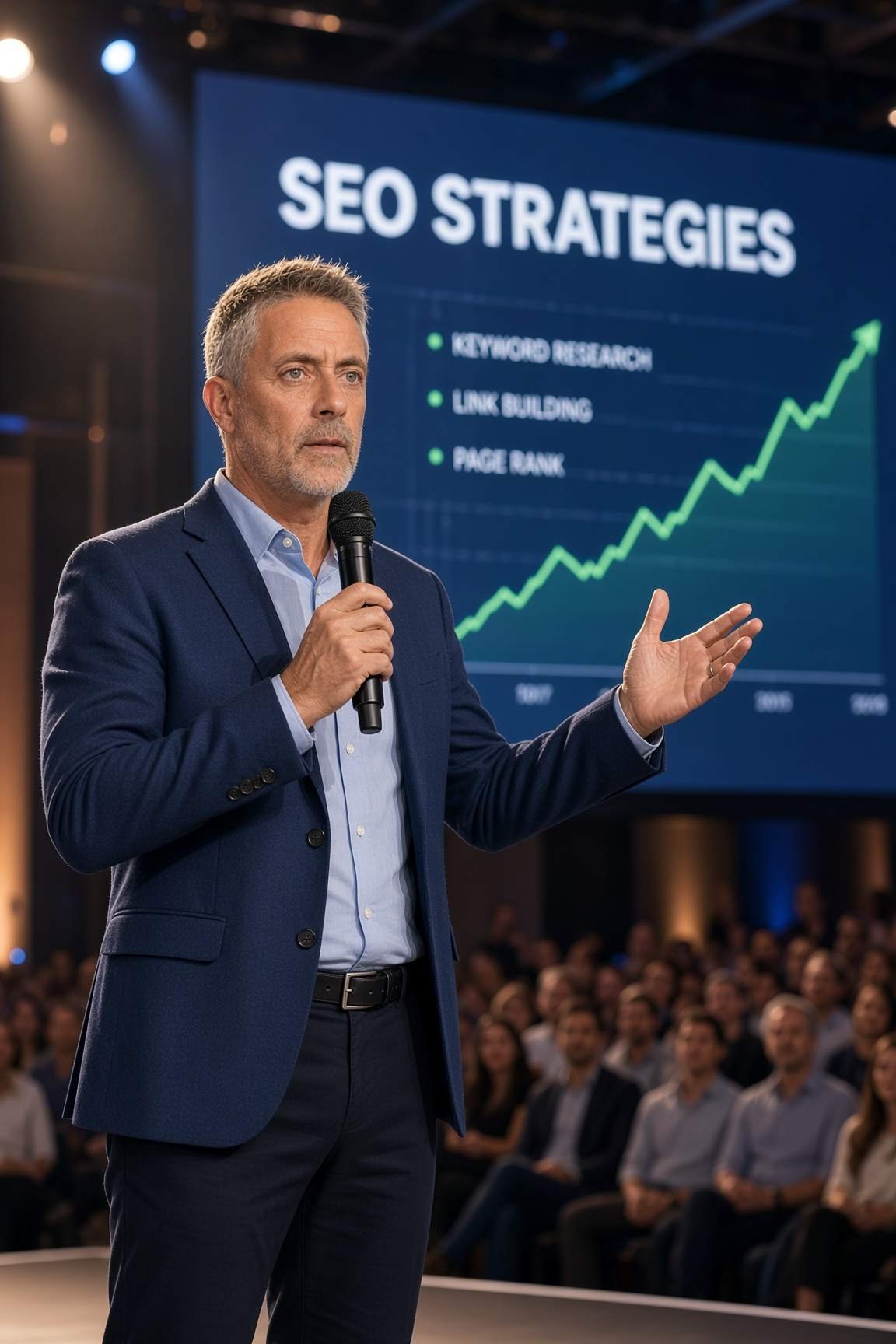 Stéphane Dubart sur scène lors d'une conférence sur les stratégies SEO