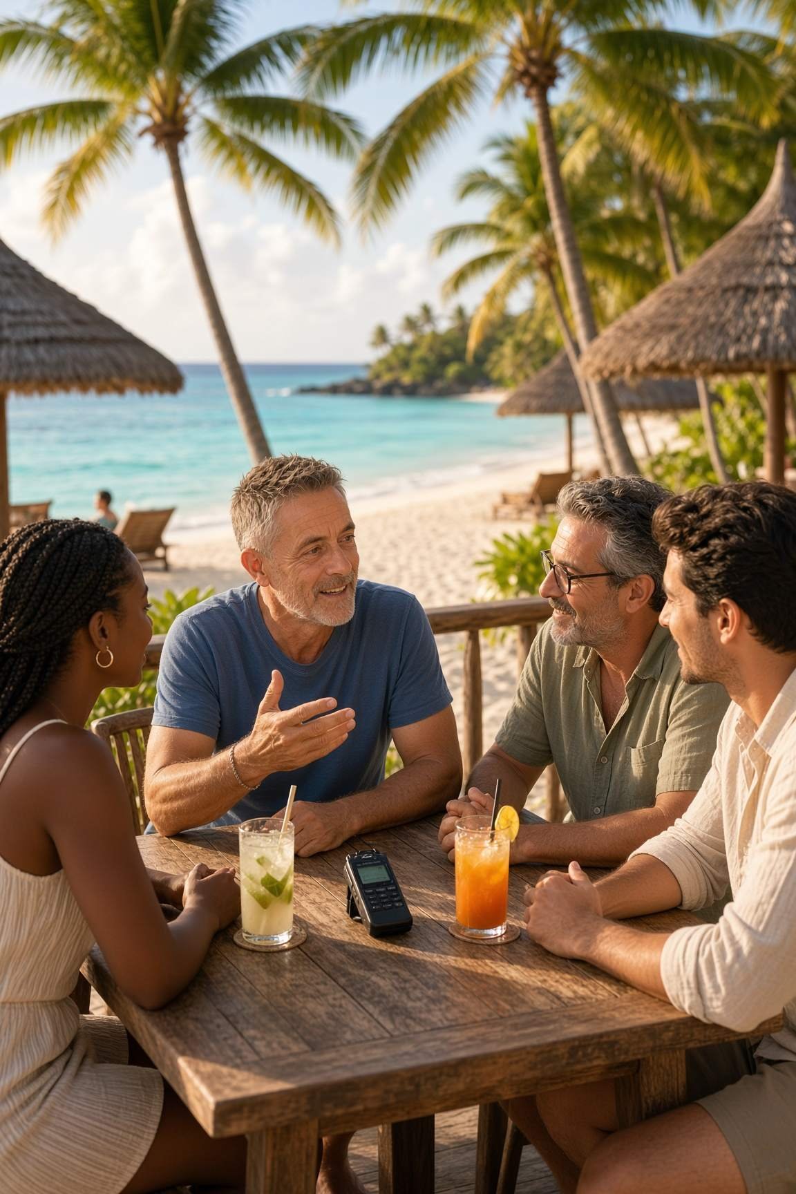 Stéphane Dubart en réunion de travail avec des entrepreneurs sur une terrasse de Grand Baie, Île Maurice